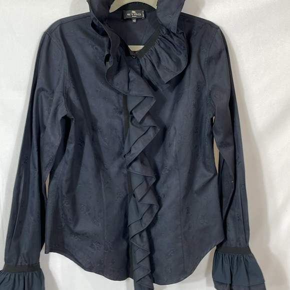 ETRO Milano Luxury Boutique Blouse Size 48 US 12 Dramatic Ruffle Collar Cuffs - Picture 3 of 16